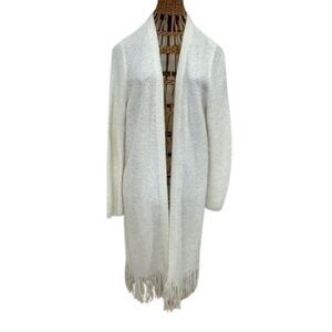 Chico's cream waffle knit cardigan/duster with fringe bottom. Size 1.